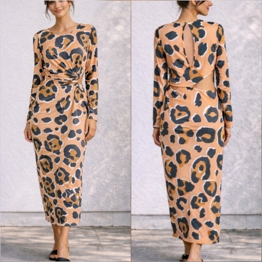 ASOS New Leopard Print Long Sleeve Cut Out Draped Ruched Chic Maxi Dress SZ 12